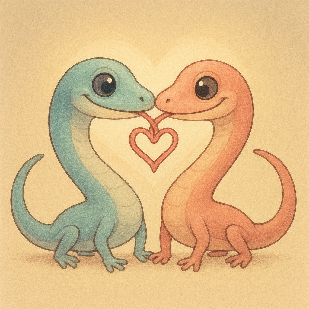 Two adorable cartoon lizards - one teal and one coral - touching tongues to form a heart shape